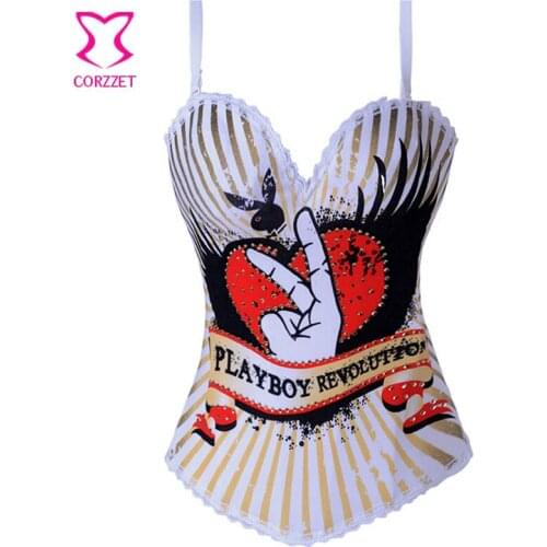 Burlesque Pattern Print and Rhinestone Bustier With Straps White Cotton Overbust Gothic Corset Women Corpetes e Espartilhos Sexy