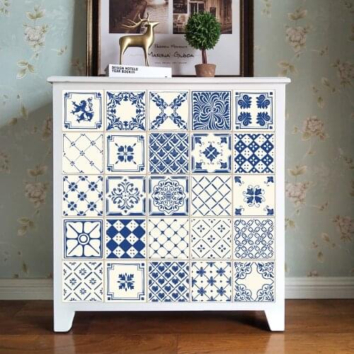 10/15/20/30cm Beige & Blue Pattern Strip Tiles Stickers Furniture Kitchen Surface Gloss Film Mural Peel & Stick Art Wall Decals