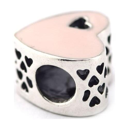 Fine 925 Sterling Silver Beads for Charms Bracelets Light Pink Enamel Love Heart Beads for Women DIY Silver 925 Jewelry Making