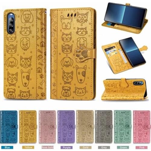 Leather Wallet Flip Phone Cover Cartoon Dog and Cat Patten TPU Case for Sony Xperia 10 1 II L4 5 II