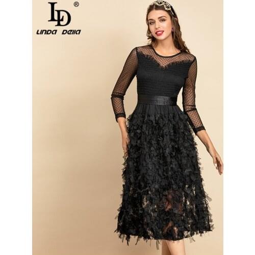 LD LINDA DELLA New 2021 Summer Fashion Runway Sexy Party Dress Womens Long Sleeve Dot Mesh patchwork Appliques Black Midi Dress