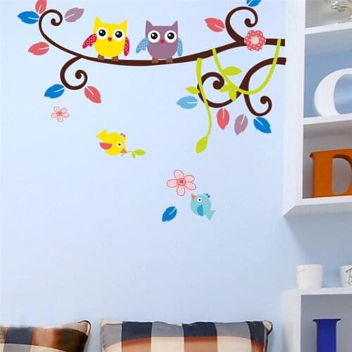 Lovely Owlets Bird On Flower Vine Wall Sticker For Kids Room Bedroom Home Decorations Diy Animal Mural Art Girls Wall Decals