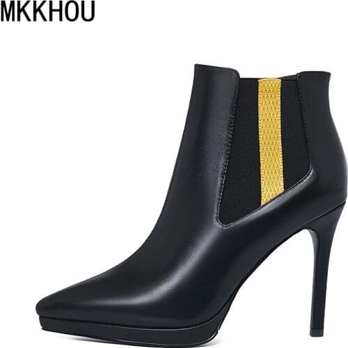 MKKHOU Fashion Short Boots Women New Autumn Genuine Leather Pointed Toe Platform Stiletto 10cm High Heel Leather Ankle Boots