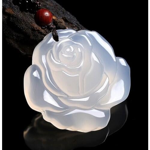 Natural Chinese Agate White Chalcedony Flower Jade Pendant Necklace Fashion Charm Hand Carving Jewellery for Women Amulet Gifts