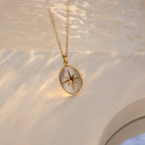 MODAGIRL Gold Stainless Steel Celestial North Star Necklace Oval Shell Pendant Necklace for Her Valentines Days Gift