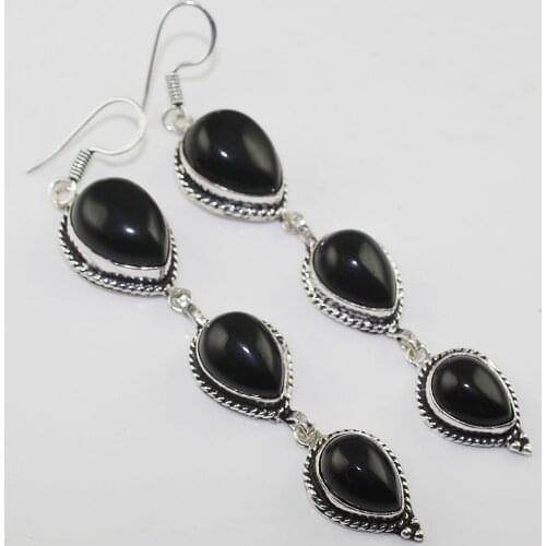 Black Onyx Earrings Silver Overlay over Copper , 90 mm, E1047