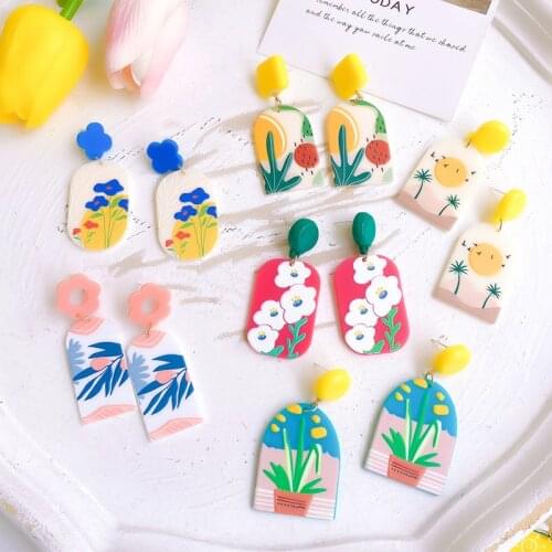 Aesthetic Painting Earrings Flowers Cartoon Lollipop Plant Dangler Popular Eardrop Women Drop Earrings Girl Gifts For Friends