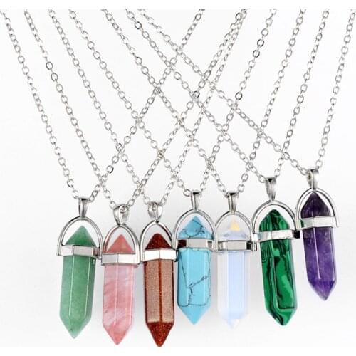 Hexagonal Column Quartz Necklaces Natural Stone Pendants Bullet Crystal Necklace Multicolor Slide Necklaces Jewelry For Women