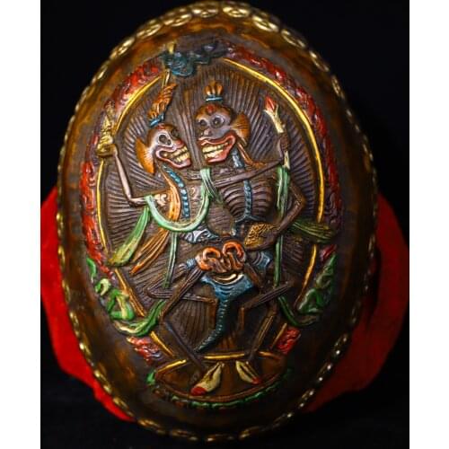7" Tibet Buddhism Old Bronze Engraved Skull mosaic Tracing Corpse forest master statue Gabala Bowl Town House Exorcism