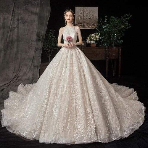 Beaded Sleeve Wedding Dress 2021 New Bride Big Tail Fairy Fantasy Starry Luxury Elegant Girl Birthday Party Evening Dress A075