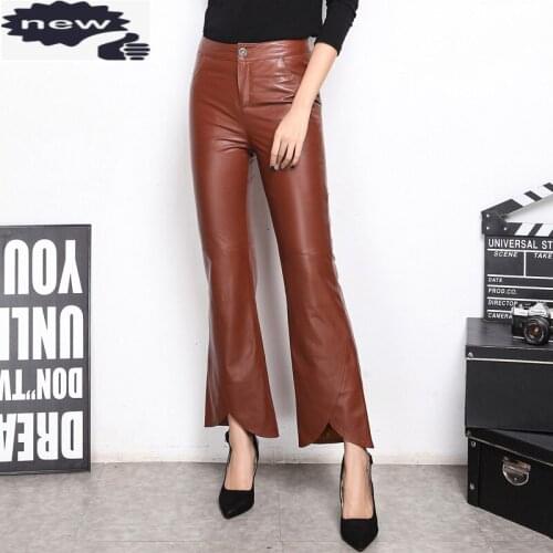 2021 New Flare Womens England Style Long Genuine Leather Ladies Slim Fashion Pants Plus Size M-XXXL Black Army Green