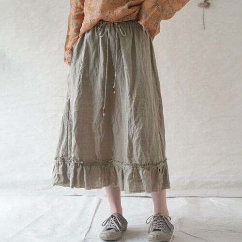 Johnature Women Ramie Vintage Elastic Waist Skirts Belt Solid Color Patchwork Clothes 2021 Summer New Women A-Line Skirts