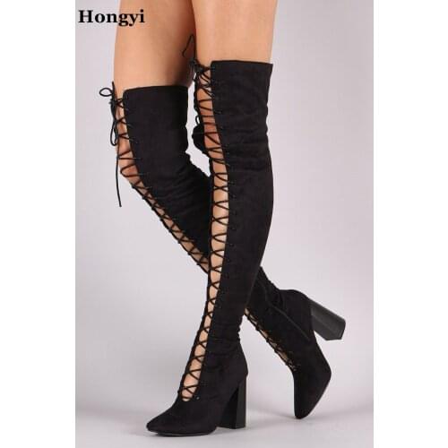 New Arrival Chunky High Heels Designer Closed toe Lace Up Long Boots Women Suede Leather Over The Knee Gladiator Boots