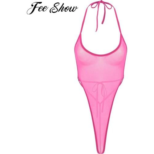 Womens One-piece High-cut Thong Leotard See Through Sheer Mesh Lingerie Halter Neck Strappy Exotic Backless Bodysuit Nightwear