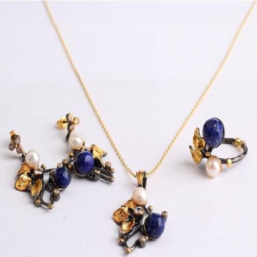 Woman Handmade Oval Blue Lapis Lazuli Pearl 925 Silver Jewelry Set, Lapis Lazuli ring,Lapis Lazuli Necklace, Lapis Lazuli