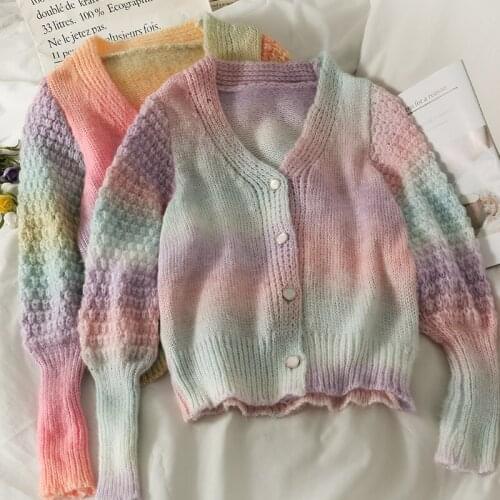 Cardigans 2021 autumn color gradient single-breasted cardigan sweater womens new slim knitted long-sleeved sweater Jacket top