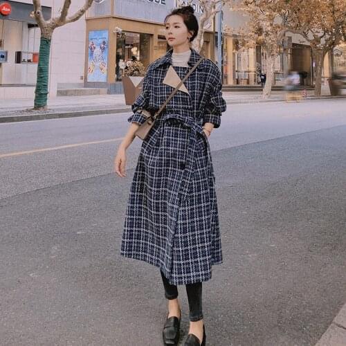 Woolen Coat Female Winter Thicken Long Thick Blue Plaid Splicing Fashion Double-Breasted 2021 New Lapel Warm Women Jacket D2