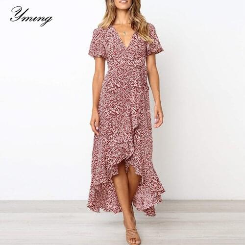 YMING Summer Chiffon Women Maxi Dress Boho Party Dot Printed Dresses Asymmetrical Long Dress Female Vestidos Robe Femme Clothing