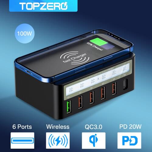 6 Port 100W PD Fast Charger 10W Wireless Charger USB C Type C Quick charge 3.0 Phone Wireless Charging Station For iphone xiaomi