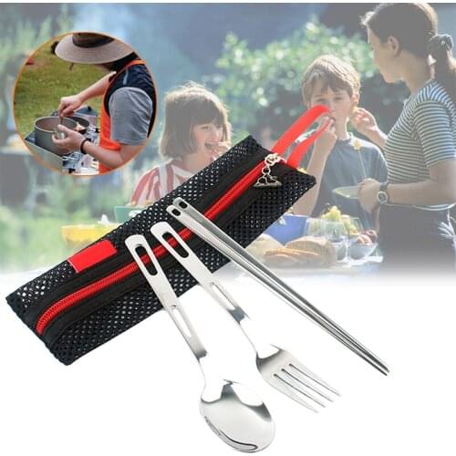 Outdoor Camping Picnic BBQ Portable Tableware Chopsticks Spoon Fork Utensil Set Stainless Steel Pocket Carry Pouch 3PCS