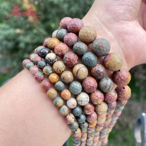 6/8/10mm Natural Picasso Jaspers Faceted Round Multicolor Loose Stone Beads For Jewelry Making DIY Necklace Bracelets Strand 15"