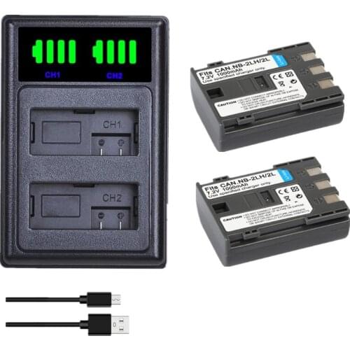 2pcs NB-2L NB-2LH NB2L Camera Battery+New LED USB Dual Charger with Type C Port for Canon EOS 400D S80 S70 S50 S60 350D G7 G9