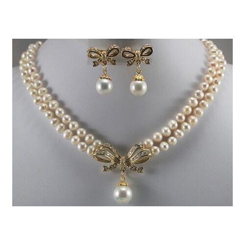 Noble and generious ladys 2 row 8-9mm Freshwater white pearl necklace 18kgp butterfly shell pearl necklace earing pendant