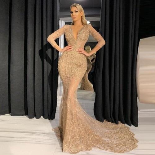 Champagne Sequins Sheer Prom Dresses Long Sleeves Beaded Appliques Sexy Deep V Neck Evening Party 2021 Custom Made Long Gowns