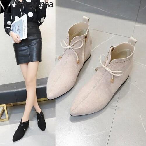 Trendy Brand zipper boots woman rivet bowknot chelsea botas pointed toe flock single botines female sewing comfy footwear chunky