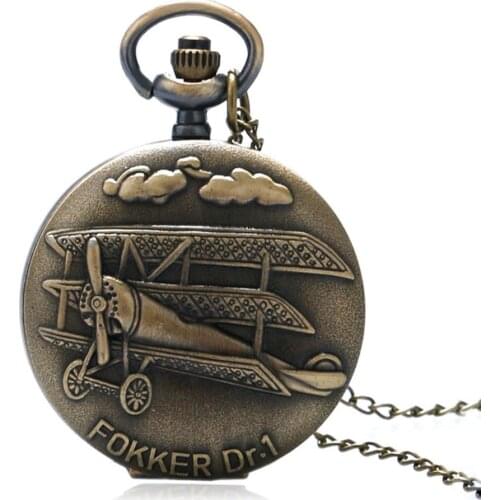 Bronze Full Hunter Fokker Dr.1 Quartz Pocket Watch Mini Skeleton Plane 3D Pattern Carving Out Case Watch Women Reloj De Bolsillo
