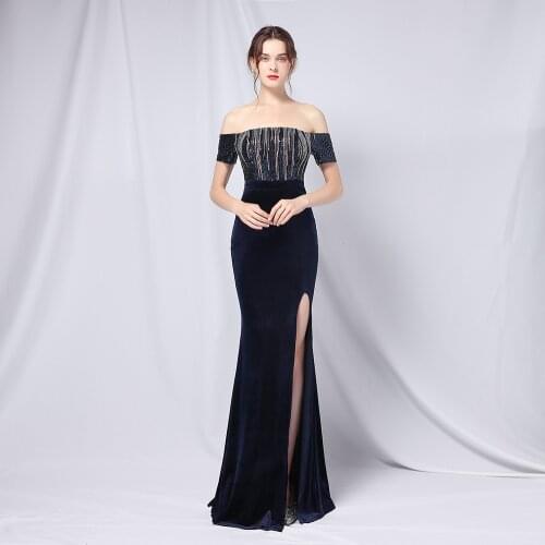 Off The Shoulder Sequined Navy Blue Evening Dresses Long Boat Neck Velvet Prom Gowns Side Split Zipper Back Vestidos De Fiesta