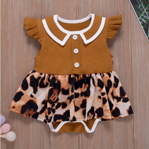 Baby Girl’s Sweet Fly Sleeve Romper Fashion Button Round Neck Stitching Print Skirt Wrapped Jumpsuit