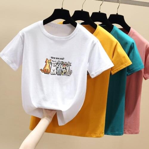 Gkfnmt Korean Summer T shirt Women Tops White Tshirt Women Clothes Short Sleeve Cotton Girl Embroidered Animals Tee shirt Femme