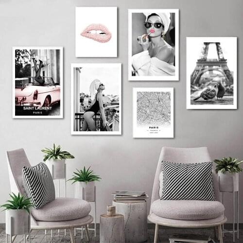 Paris Map Pink Rose Car Sexy Woman Lips Wall Art Canvas Painting Nordic Posters And Prints Wall Pictures For Living Room Decor