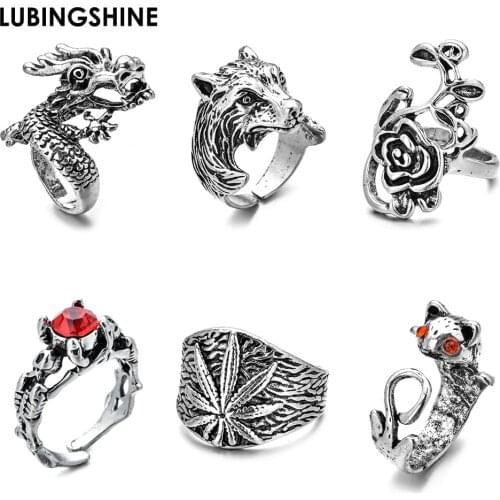 Retro Gothic Punk Men Rings Exaggerated Skull Wolf Dragon Male Opening Adjustable Ring Jewelry Anillo Hombre Bijoux