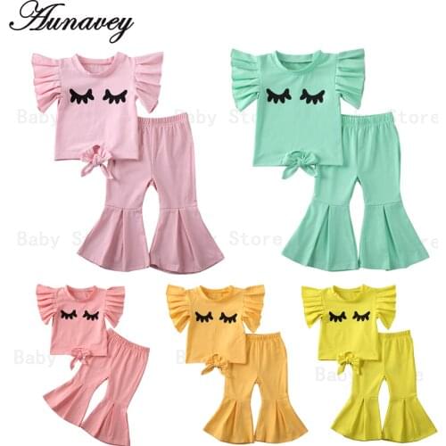 NEW 2020 Summer Cute Baby Girl Clothes Set Short Flying Sleeve T-Shirt + Flare Pants Candy colors Outfits 2Pcs Set 1-5 Years