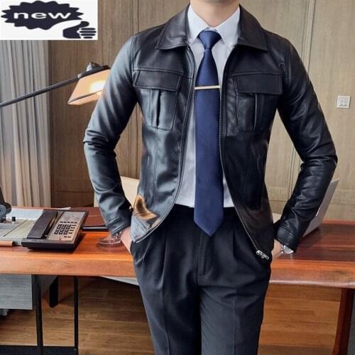 British Style Business Casual Mens Black Pu Leather Jacket Vintage Slim Fit Zip Lapel Pocket Cargo Short Coat Autumn Outerwear