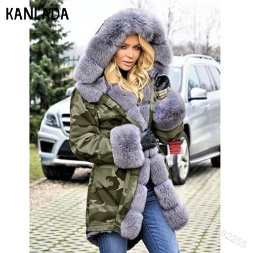 Camouflage Hooded Jacket Womens Fur Stitching Long Coat Winter New Warm Cotton Clothing Jacket