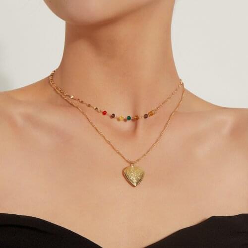Multi-layer Trendy Heart Pendant Chain Necklace for Women Creative Personality Color Beads Short Chokers Necklace Jewelry