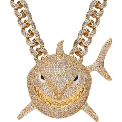 MenS Hip Hop Crystal 6IX9INE Shark Pendant Necklace With 13mm Iced Out Rhienstone Miami Cuban Chain Choker Gothic Jewelry