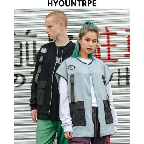 2018 New Hip Hop Vest Coat Mens Fashion Streetwear Cargo Back Pockets Military Jacket Zipper Oversize Tactical Vests Sweatshirts