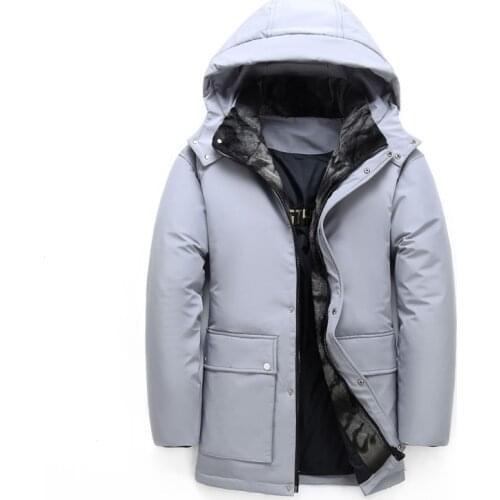 2021 Winter New Mens White Duck Down Warm Down Jacket Fashion Casual Hooded Thickened Long Coat Male Brand Clothes Gray Blue