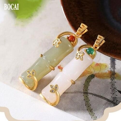 BOCAI New 100% S925 Sterling Silver Natural Hetian Jade 2021 Trendy Personality Slub Retro Temperament Lady Pendant