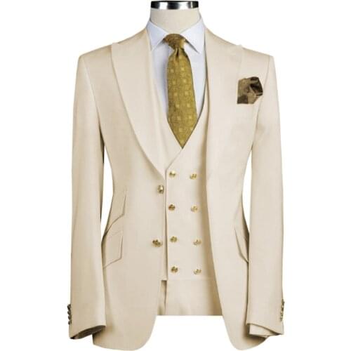 New Style Men Suits Beige Groom Tuxedos Peak Lapel Groomsmen Wedding 3 Pieces ( Jacket + Pants + Vest + Tie ) D255
