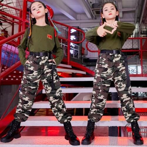 Girls Street Dance Tide Clothes 2021 New Autumn Children Jazz Dance Costumes Camouflage Pants Suit Stage Costume Rave Clothes