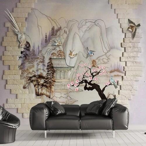 Custom Murals 3D Relief Mountain Brick Landscape Flower Bird TV Sofa Background Home Interior Wall Art Decor Wallpapers Painting