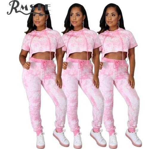 RMSFE 2020 Sport Casual Pink Hooded Two Piece Set Holiday 2 Piece Set Women Short Sleeve Top And Pant Autumn Sets