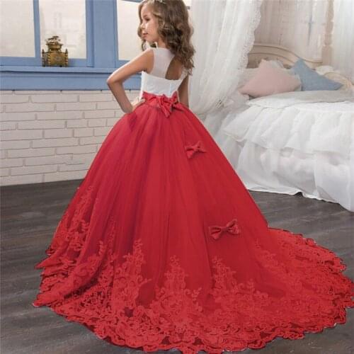 Red Christmas Dress For Girls Lace Backless Prom Gown Elegant Princess Dress New Year Party Gowns Wedding Kids Dresses For Girls
