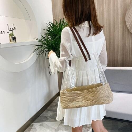 S.IKRR Summer Beach Shoulder Bags Designer PVC Straw Patchwork Transparent Bag Large Handbags For Women 2021 Tote Shopper Bag