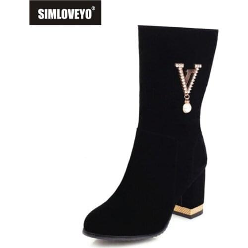 SIMLOVEYO 2021 New Mid Calf Boots Zip Flock Pearl Metal Decoration Short Plush 7.5CM Block Bling Heel Size 32-43 Black Red A4474